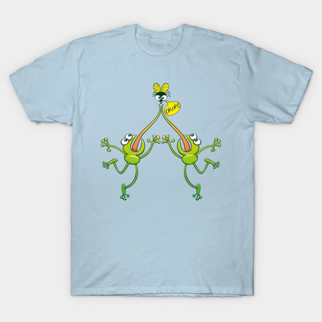 Two green frogs stuck their tongues when hunting the same fly T-Shirt by zooco